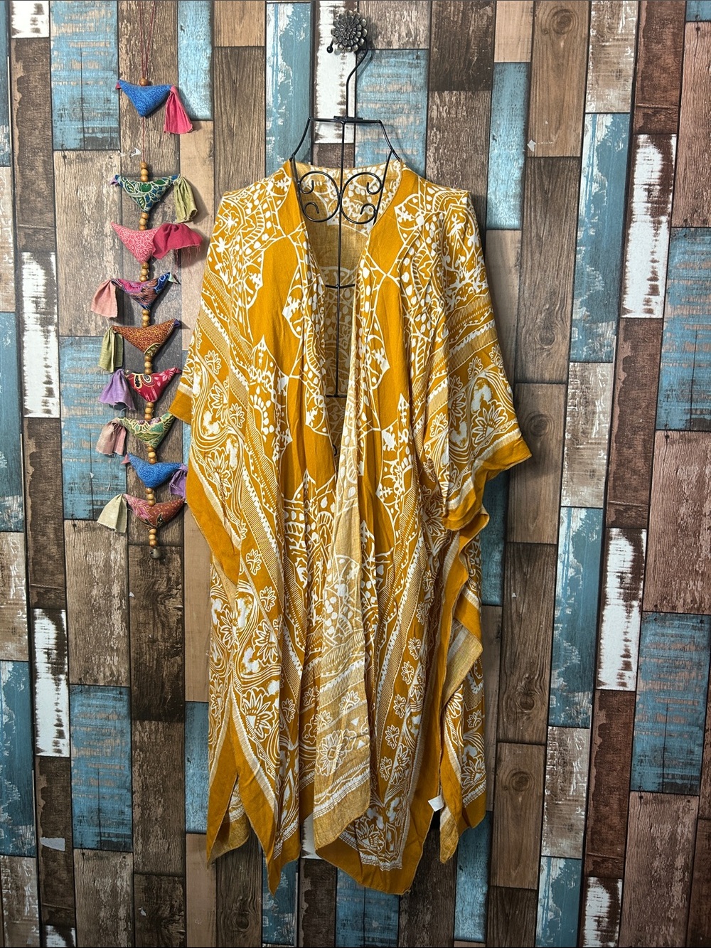 Boho Asymmetrical Mustard Yellow Kimono with White Print